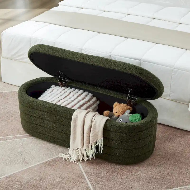 Panca Contenitore Ovale in Tessuto Teddy, Nero / Arancione / Bianco / Verde Scuro / Crema, 1 Posto
