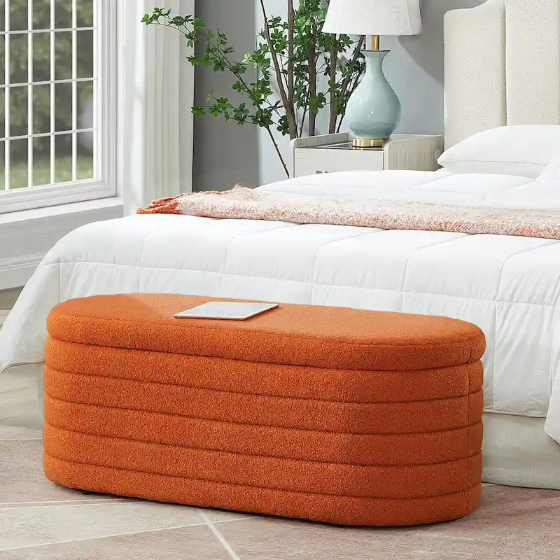 Panca Contenitore Ovale in Tessuto Teddy, Nero / Arancione / Bianco / Verde Scuro / Crema, 1 Posto