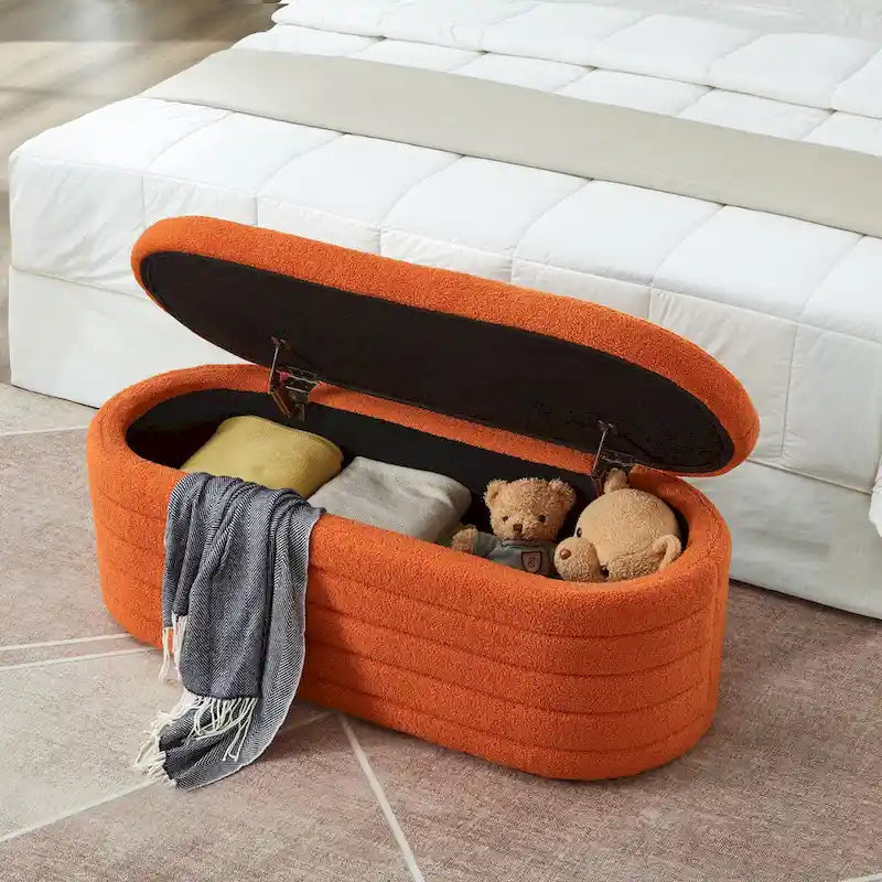 Panca Contenitore Ovale in Tessuto Teddy, Nero / Arancione / Bianco / Verde Scuro / Crema, 1 Posto