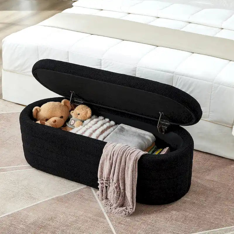 Panca Contenitore Ovale in Tessuto Teddy, Nero / Arancione / Bianco / Verde Scuro / Crema, 1 Posto