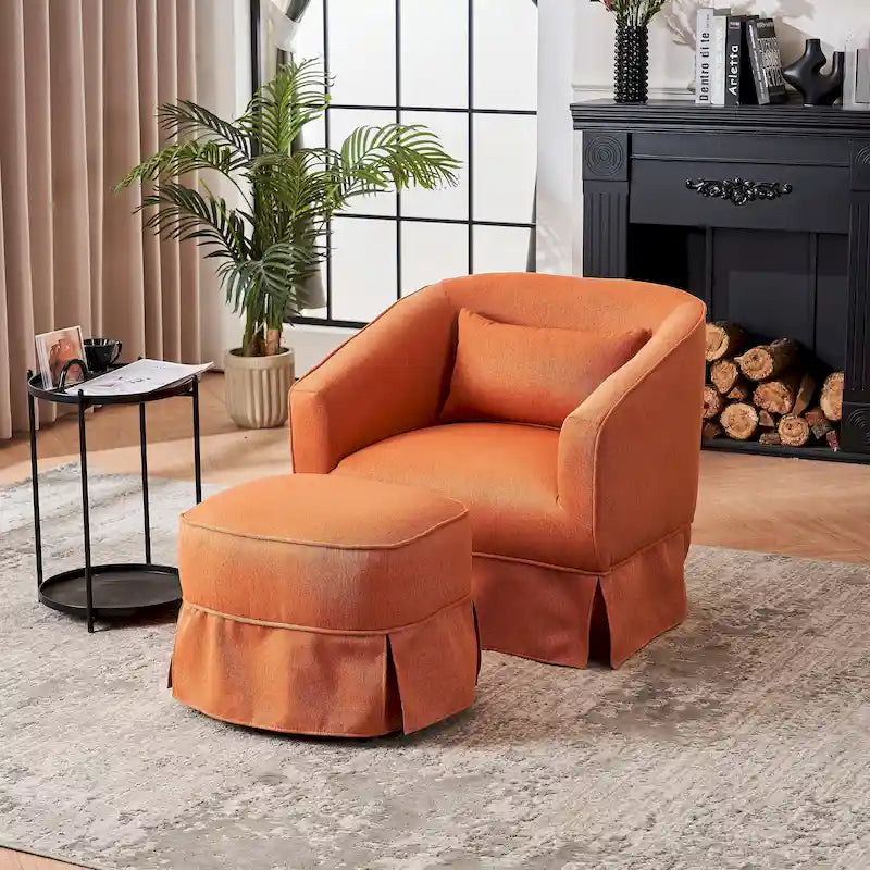 Poltrona a botte girevole in lino arancione/nero con pouf, 1 posto