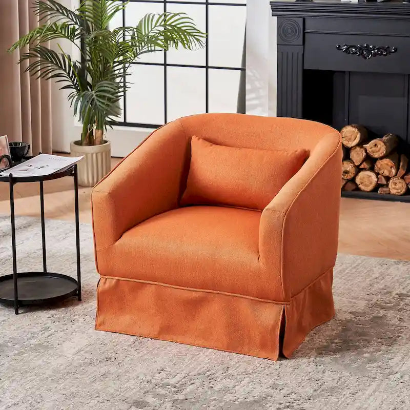 Poltrona a botte girevole in lino arancione/nero con pouf, 1 posto