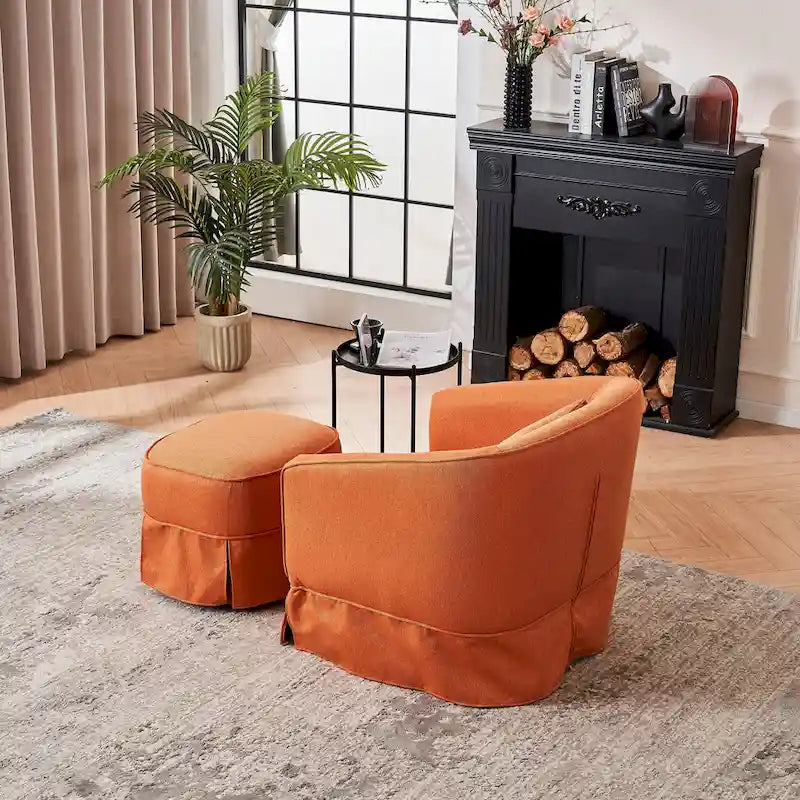 Poltrona a botte girevole in lino arancione/nero con pouf, 1 posto