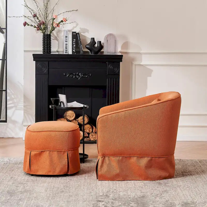 Poltrona a botte girevole in lino arancione/nero con pouf, 1 posto