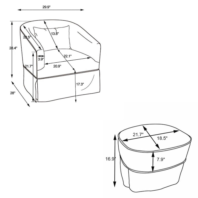 Poltrona a botte girevole in lino arancione/nero con pouf, 1 posto