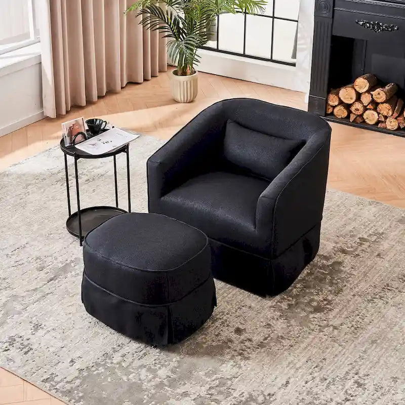 Poltrona a botte girevole in lino arancione/nero con pouf, 1 posto