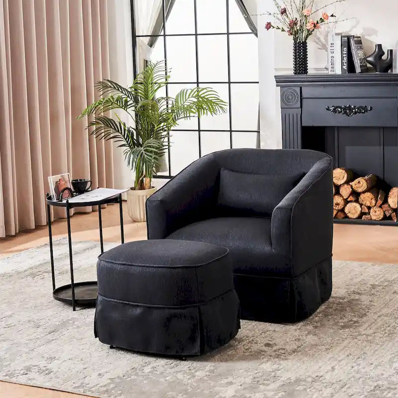 Poltrona a botte girevole in lino arancione/nero con pouf, 1 posto
