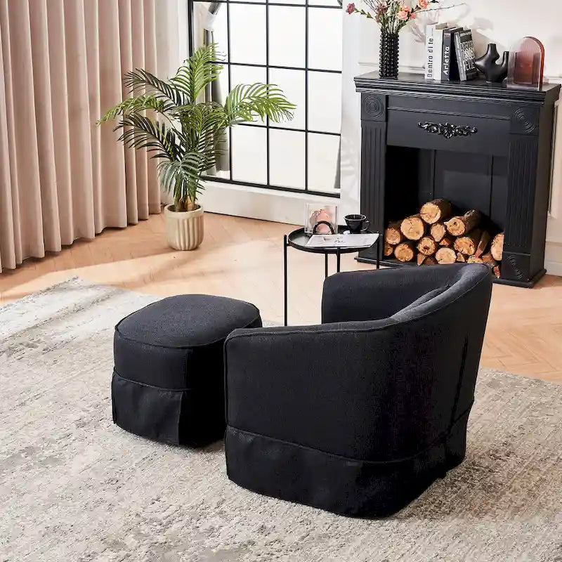 Poltrona a botte girevole in lino arancione/nero con pouf, 1 posto