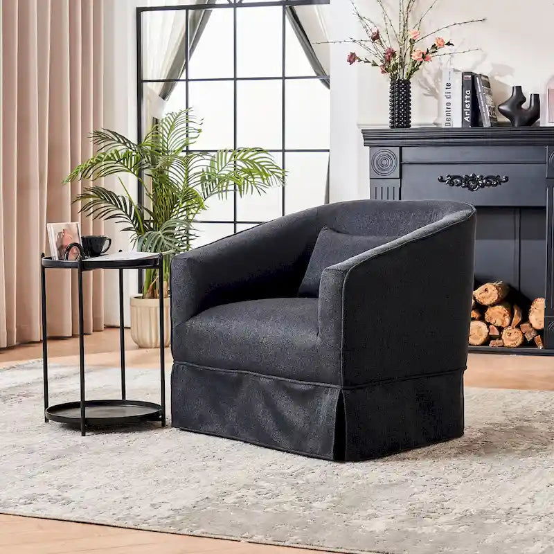 Poltrona a botte girevole in lino arancione/nero con pouf, 1 posto