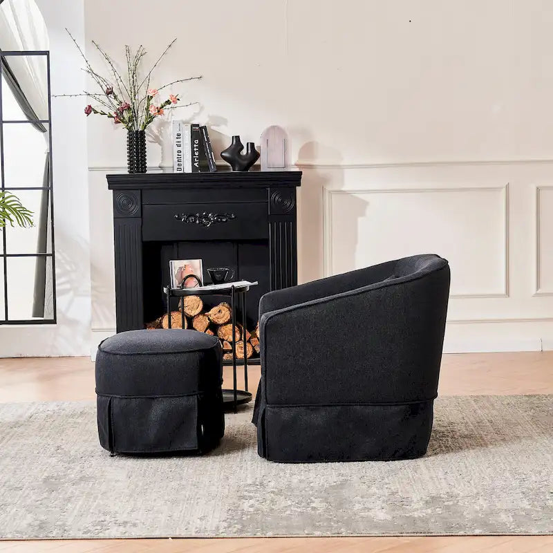 Poltrona a botte girevole in lino arancione/nero con pouf, 1 posto
