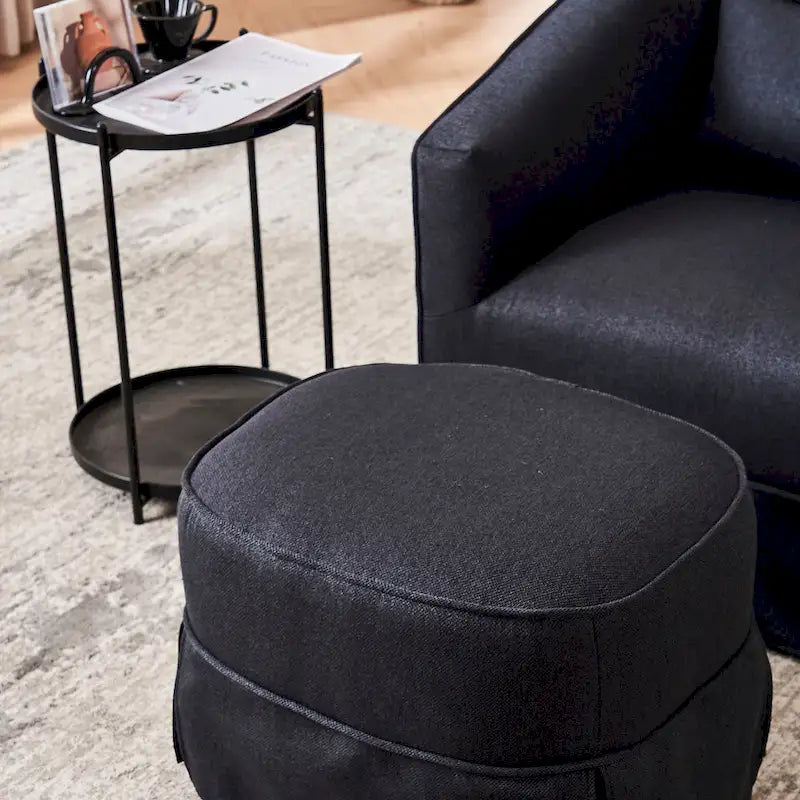 Poltrona a botte girevole in lino arancione/nero con pouf, 1 posto
