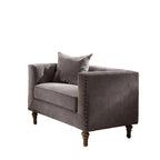 Poltrona in velluto grigio trapuntato con cuscino, ottone anticato, 1 posto