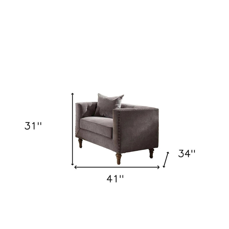 Poltrona in velluto grigio trapuntato con cuscino, ottone anticato, 1 posto