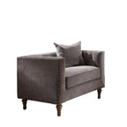 Poltrona in velluto grigio trapuntato con cuscino, ottone anticato, 1 posto
