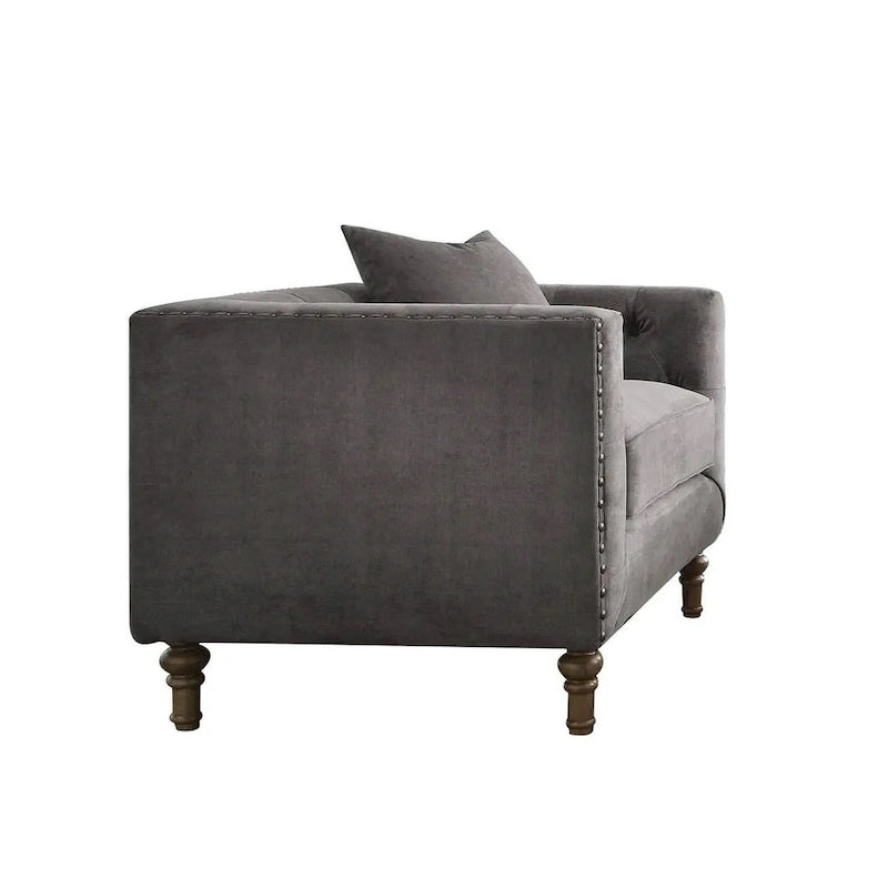 Poltrona in velluto grigio trapuntato con cuscino, ottone anticato, 1 posto