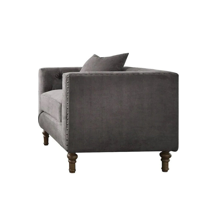 Poltrona in velluto grigio trapuntato con cuscino, ottone anticato, 1 posto