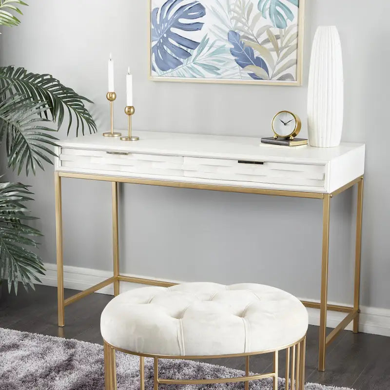 Consolle Bianca a 2 Cassetti con Struttura in Metallo Dorato