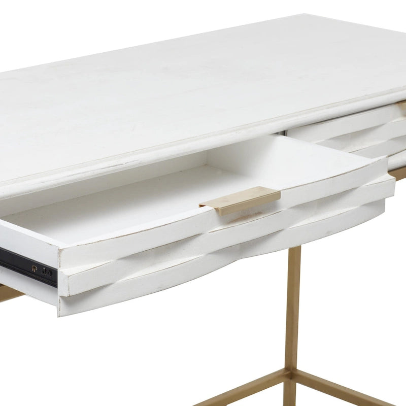 Consolle Bianca a 2 Cassetti con Struttura in Metallo Dorato