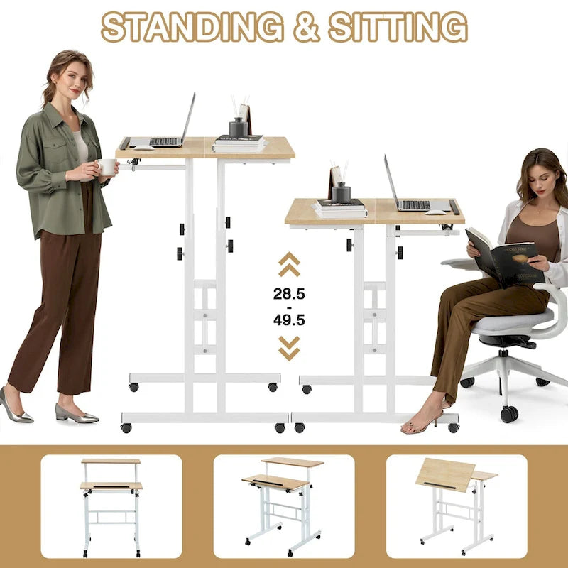 Scrivanie Portatili su Ruote da 49,5 Pollici, Piccola Scrivania Regolabile in Altezza, Scrivania Mobile con Ruote
