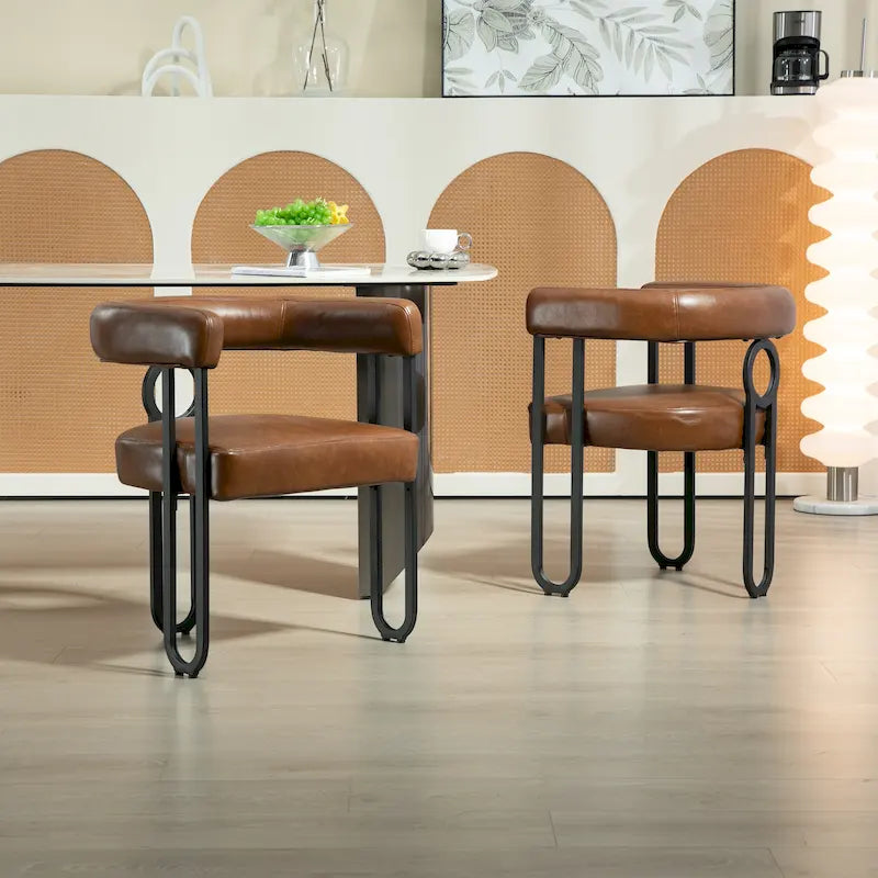 Sedia da pranzo in PU con schienale rotondo e gambe in metallo, set da 2