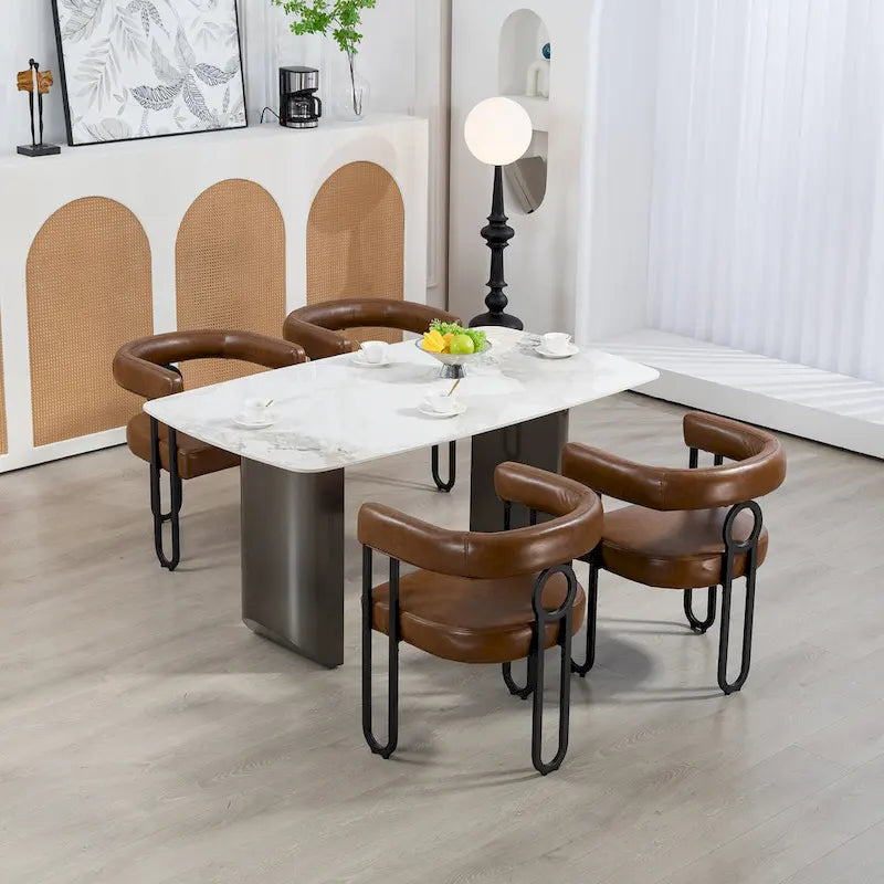 Sedia da pranzo in PU con schienale rotondo e gambe in metallo, set da 2