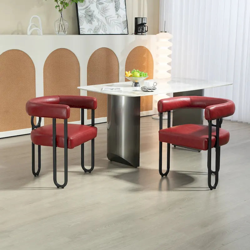 Sedia da pranzo in PU con schienale rotondo e gambe in metallo, set da 2