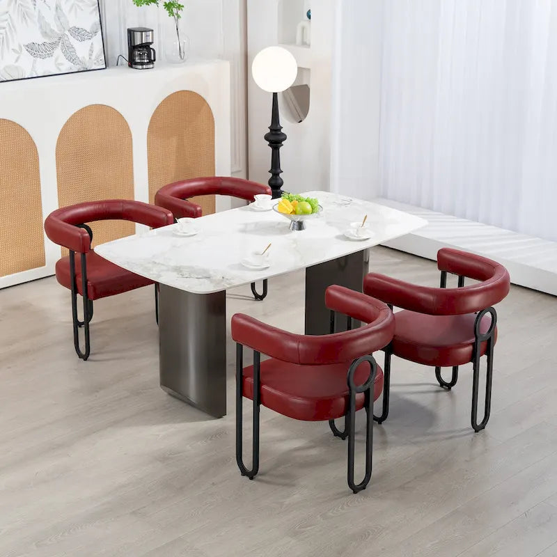 Sedia da pranzo in PU con schienale rotondo e gambe in metallo, set da 2