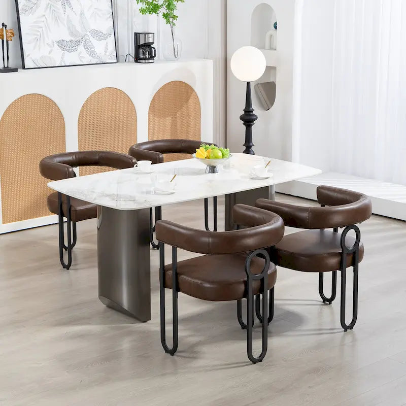 Sedia da pranzo in PU con schienale rotondo e gambe in metallo, set da 2