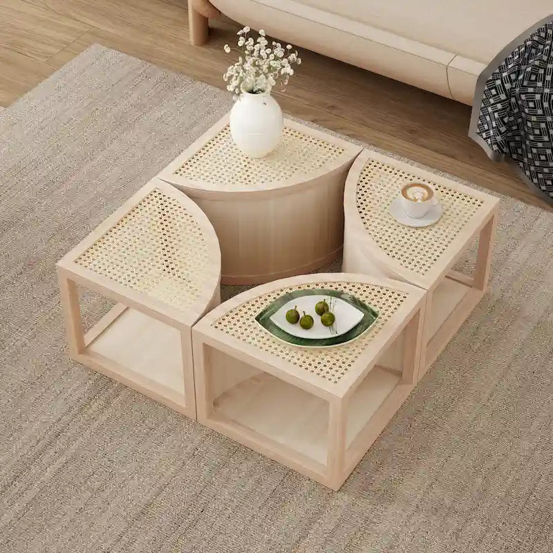 Tavolino da Caffè in Rattan Modulare Chiaro Naturale, 4 Pezzi