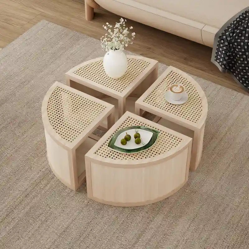 Tavolino da Caffè in Rattan Modulare Chiaro Naturale, 4 Pezzi