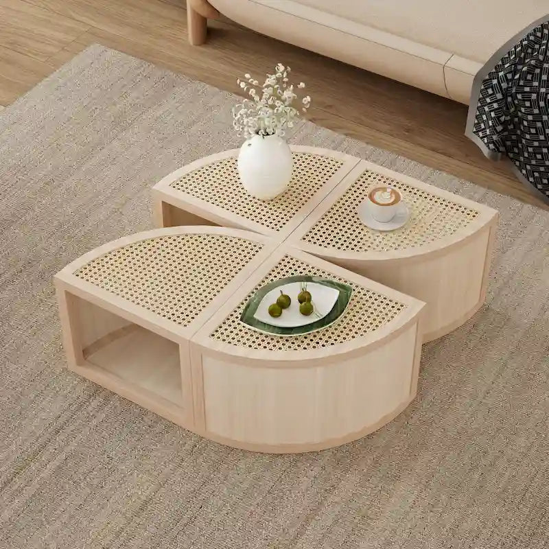 Tavolino da Caffè in Rattan Modulare Chiaro Naturale, 4 Pezzi