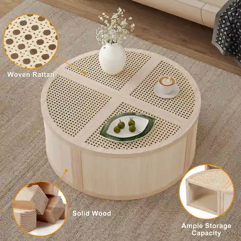 Tavolino da Caffè in Rattan Modulare Chiaro Naturale, 4 Pezzi
