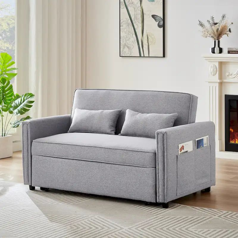 Divanetto a 2 posti trasformabile in lino beige/grigio con schienale regolabile