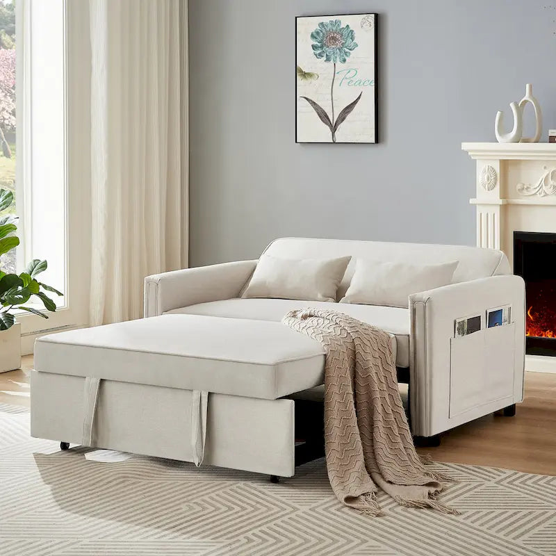 Divanetto a 2 posti trasformabile in lino beige/grigio con schienale regolabile