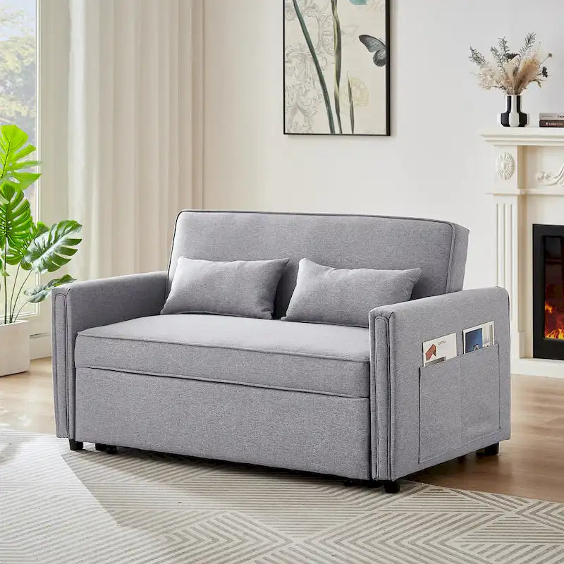 Divanetto a 2 posti trasformabile in lino beige/grigio con schienale regolabile