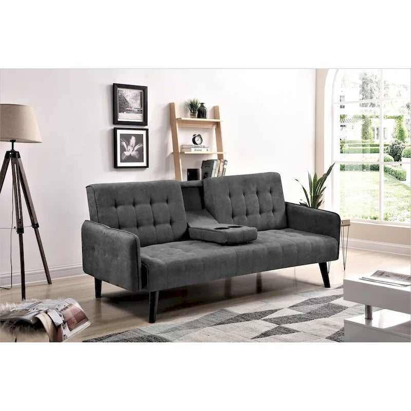 Divano Letto Futon in Lino Trapuntato, 2 Posti – Grigio / Blu / Verde / Beige / Rosa / Grigio Scuro