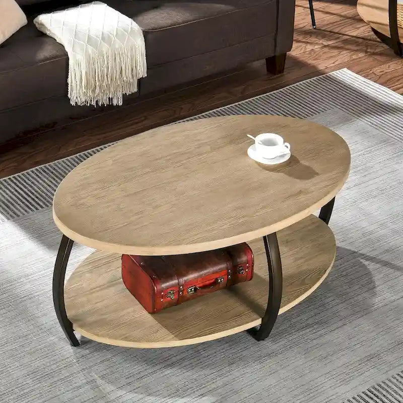 Tavolino ovale a 2 ripiani in metallo nero e venature del legno – Da caffè / D'appoggio / Da divano, 1 persona