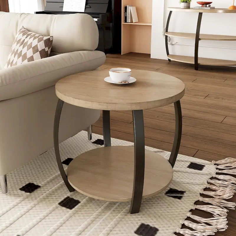 Tavolino ovale a 2 ripiani in metallo nero e venature del legno – Da caffè / D'appoggio / Da divano, 1 persona