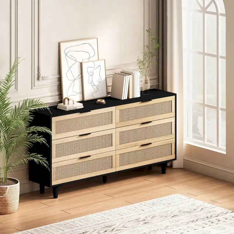 Cassettiera a 6 cassetti in rattan, naturale/nera, monoposto