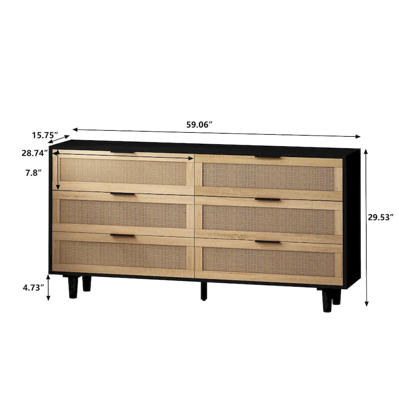 Cassettiera a 6 cassetti in rattan, naturale/nera, monoposto