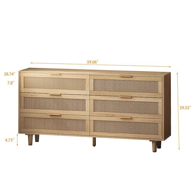 Cassettiera a 6 cassetti in rattan, naturale/nera, monoposto