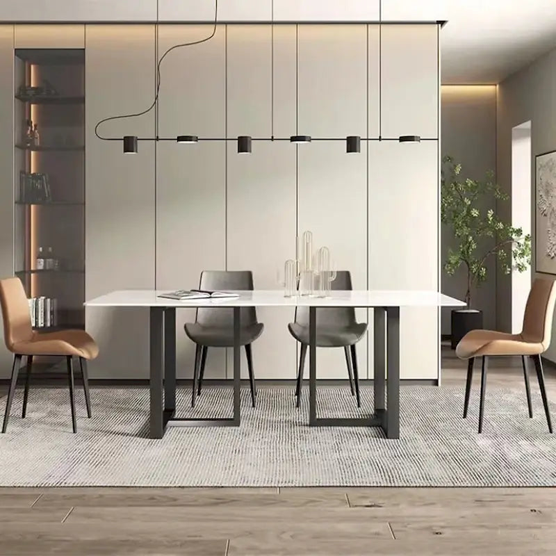 Tavolo da pranzo rettangolare bianco e nero da 160 cm, telaio in acciaio al carbonio, 6 posti