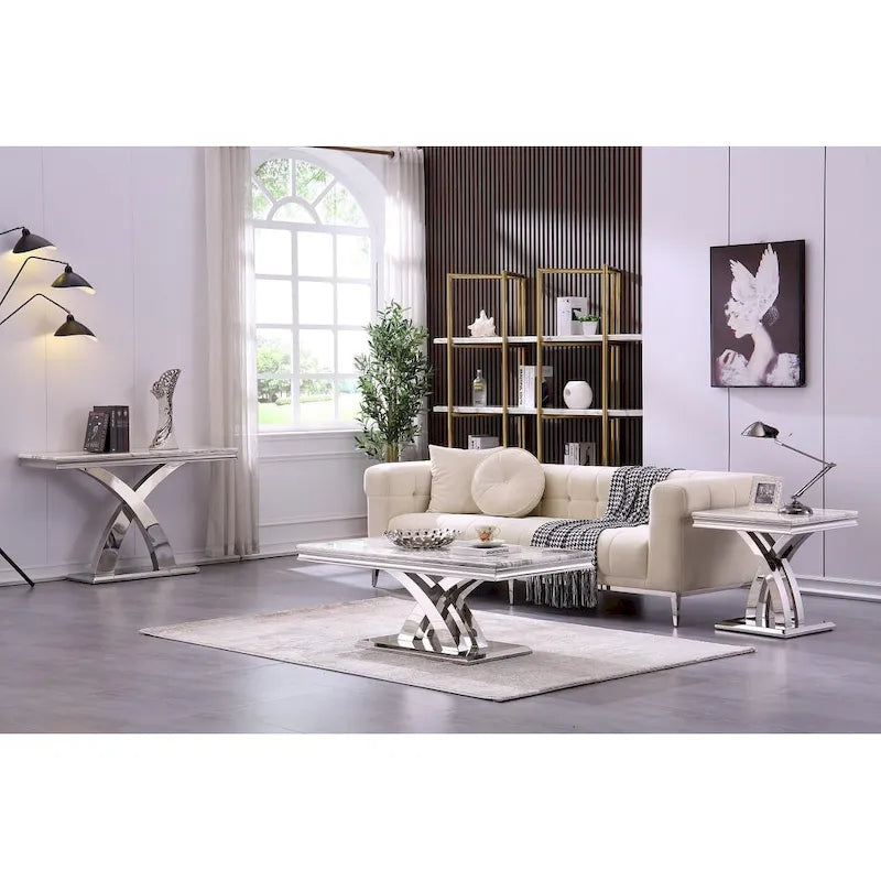 Tavolino grigio e argento, base a X, acciaio inossidabile, set da 1-2 pezzi