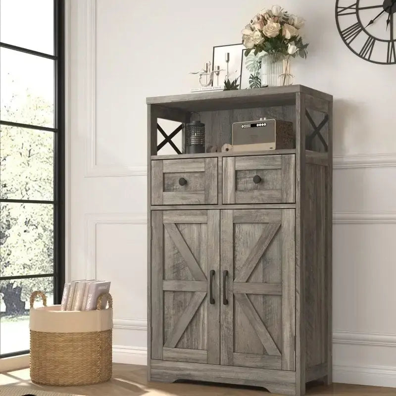 Armadio a terra, Marrone/Bianco/Grigio, 2 ante 2 cassetti, Monoblocco