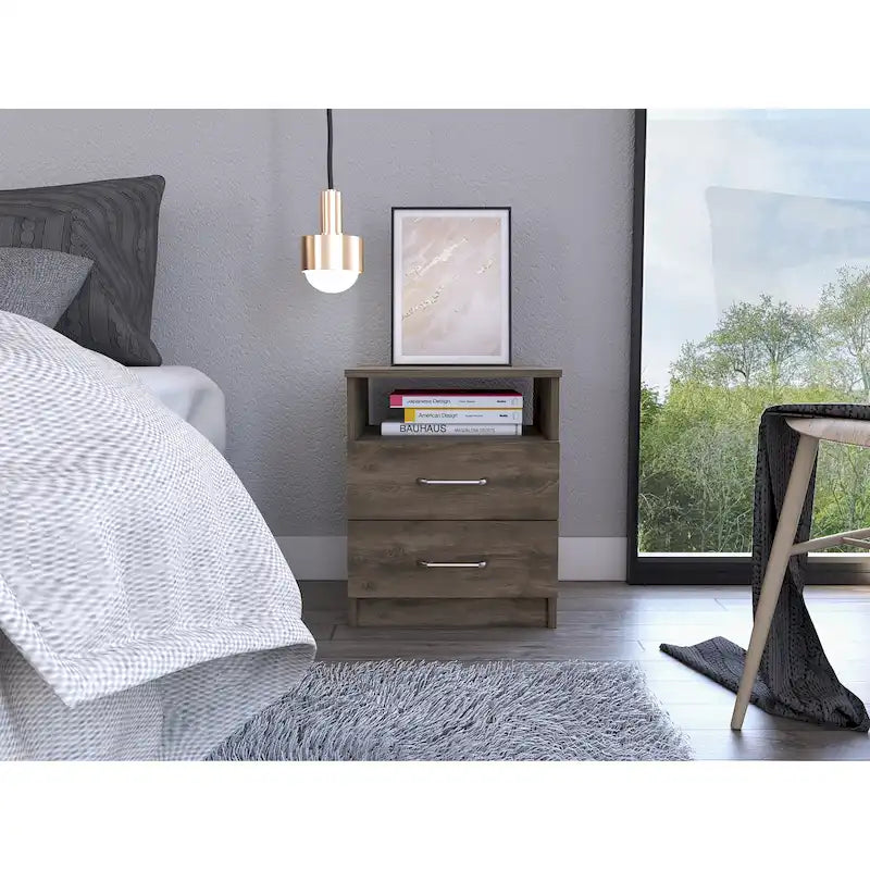 Comodino a 2 cassetti e 1 ripiano, nero / marrone scuro / rovere chiaro / bianco / grigio chiaro, 1 persona