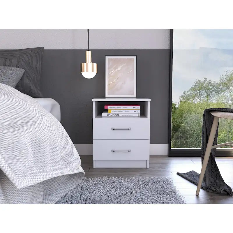 Comodino a 2 cassetti e 1 ripiano, nero / marrone scuro / rovere chiaro / bianco / grigio chiaro, 1 persona