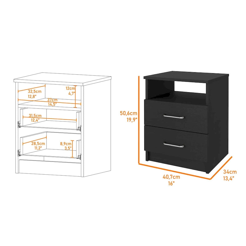 Comodino a 2 cassetti e 1 ripiano, nero / marrone scuro / rovere chiaro / bianco / grigio chiaro, 1 persona