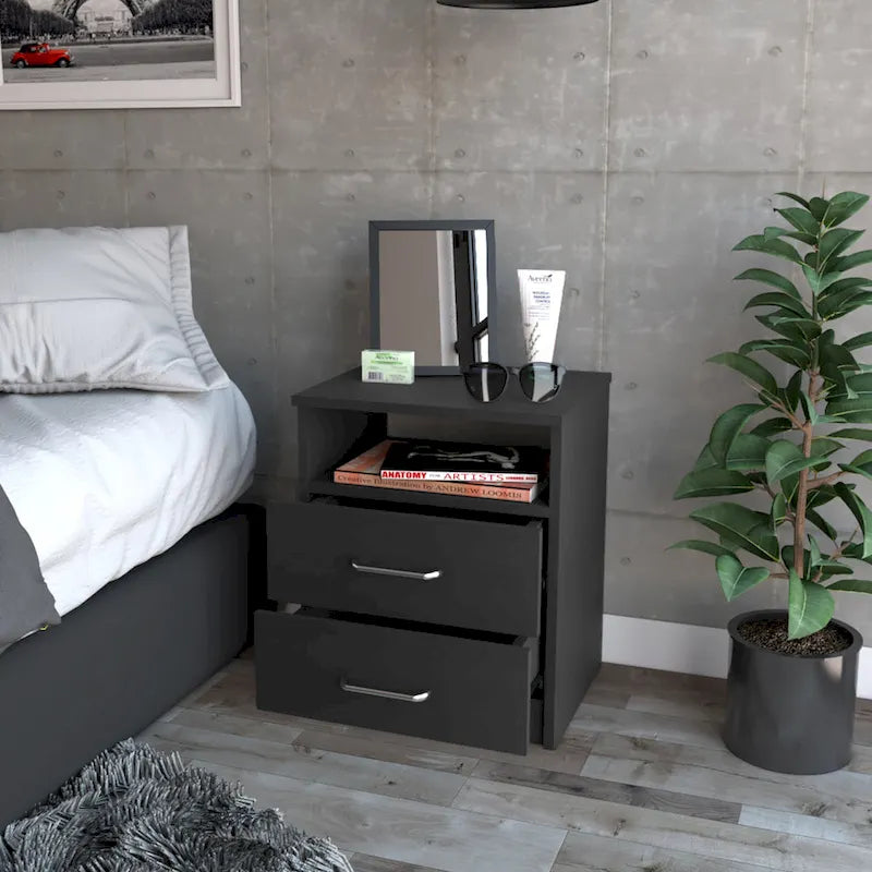 Comodino a 2 cassetti e 1 ripiano, nero / marrone scuro / rovere chiaro / bianco / grigio chiaro, 1 persona