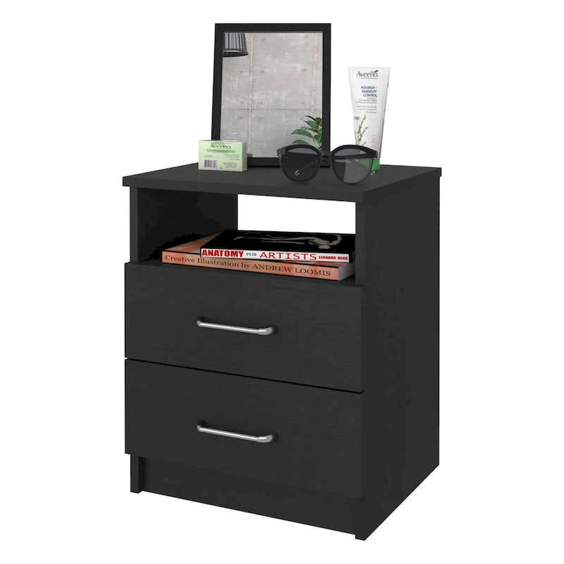 Comodino a 2 cassetti e 1 ripiano, nero / marrone scuro / rovere chiaro / bianco / grigio chiaro, 1 persona