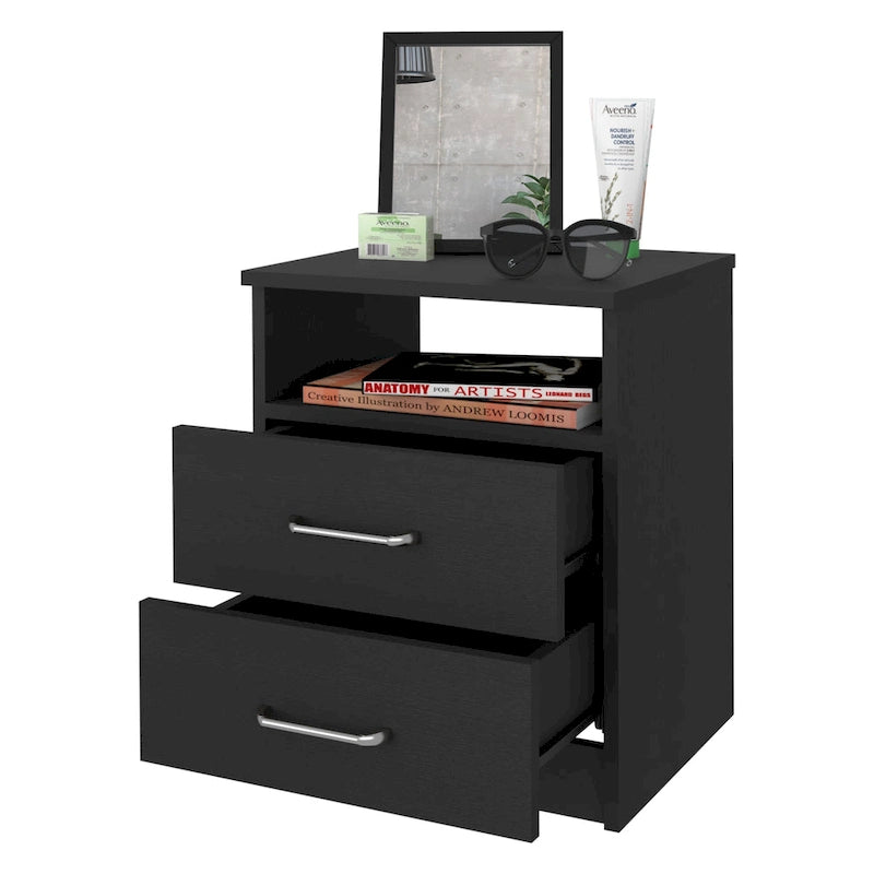 Comodino a 2 cassetti e 1 ripiano, nero / marrone scuro / rovere chiaro / bianco / grigio chiaro, 1 persona